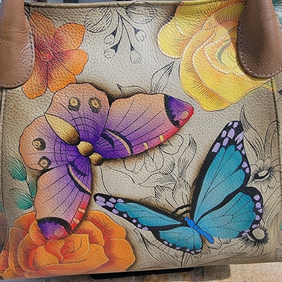 Anuschka Hand Painted Leather Satchel - Floral And Butterfly Design - Picture 8 of 16